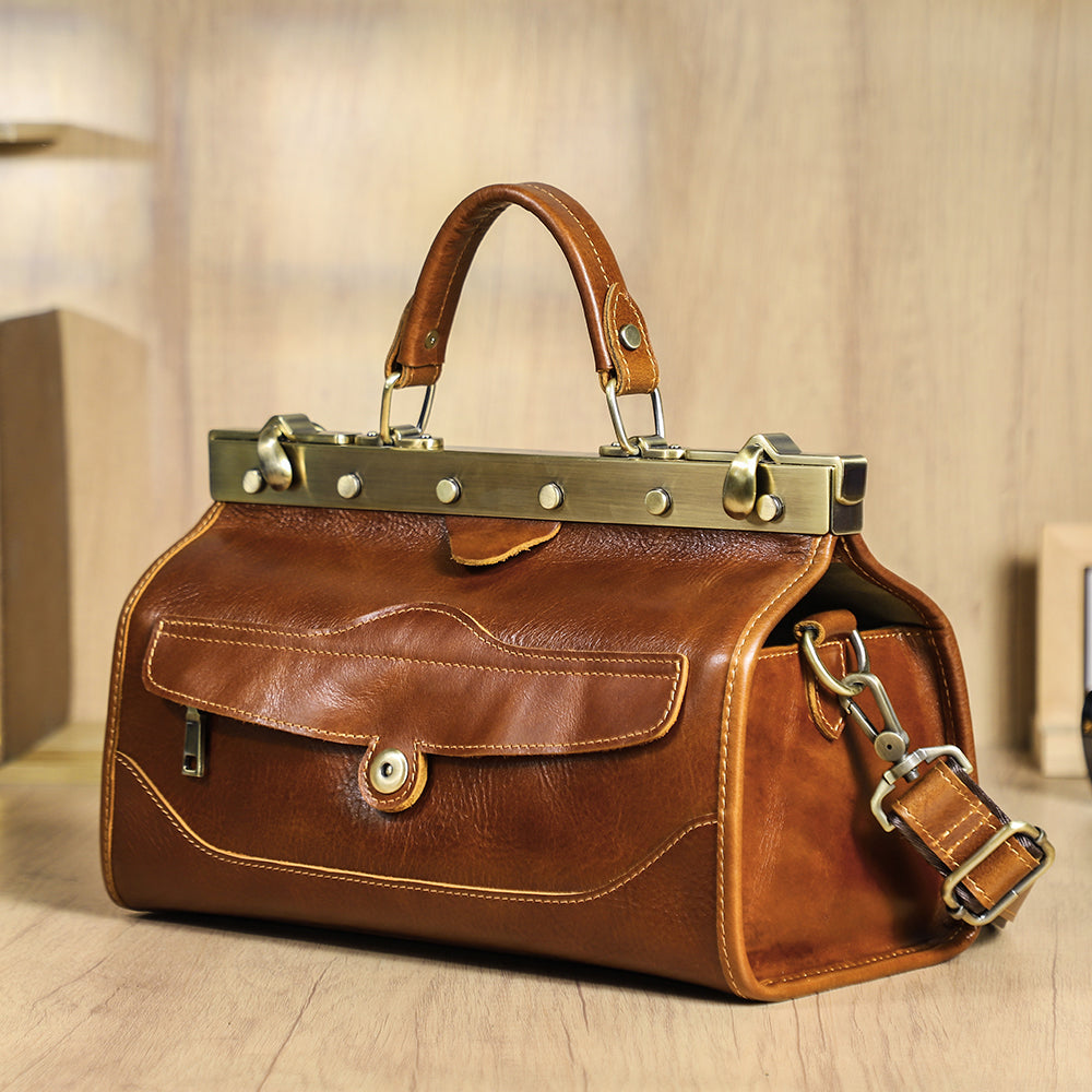 Vintage Full‑Grain Vegetable‑Tanned Genuine Leather Women's Bag, High‑End Mini Box Doctor Bag