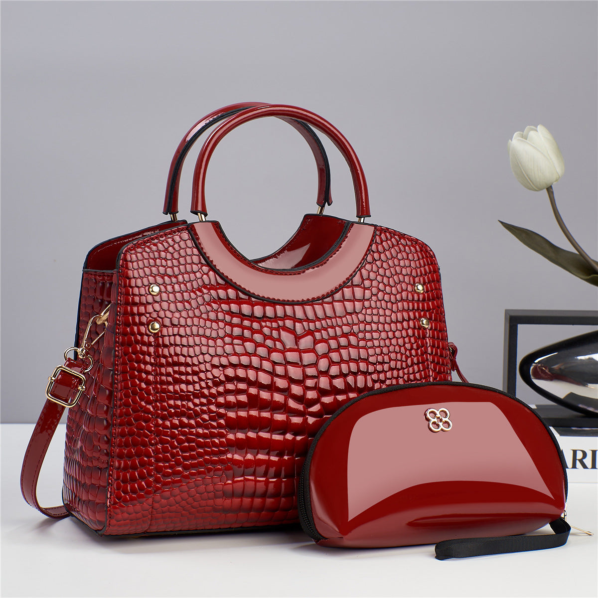 Luxury designer brand 2-in-1 crocodile pattern PU leather women's wallet crossbody bag, portable zip women's shoulder bag, elegant ladies bag